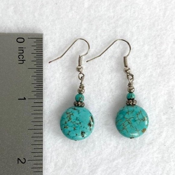 Turquoise Beaded Dangle Earrings Silver tone Boho - Picture 5 of 6